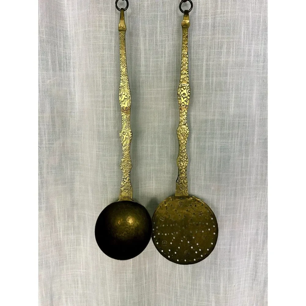 Antique Ornate Brass Ladle and Skimmer Set Embossed Floral Long Handle